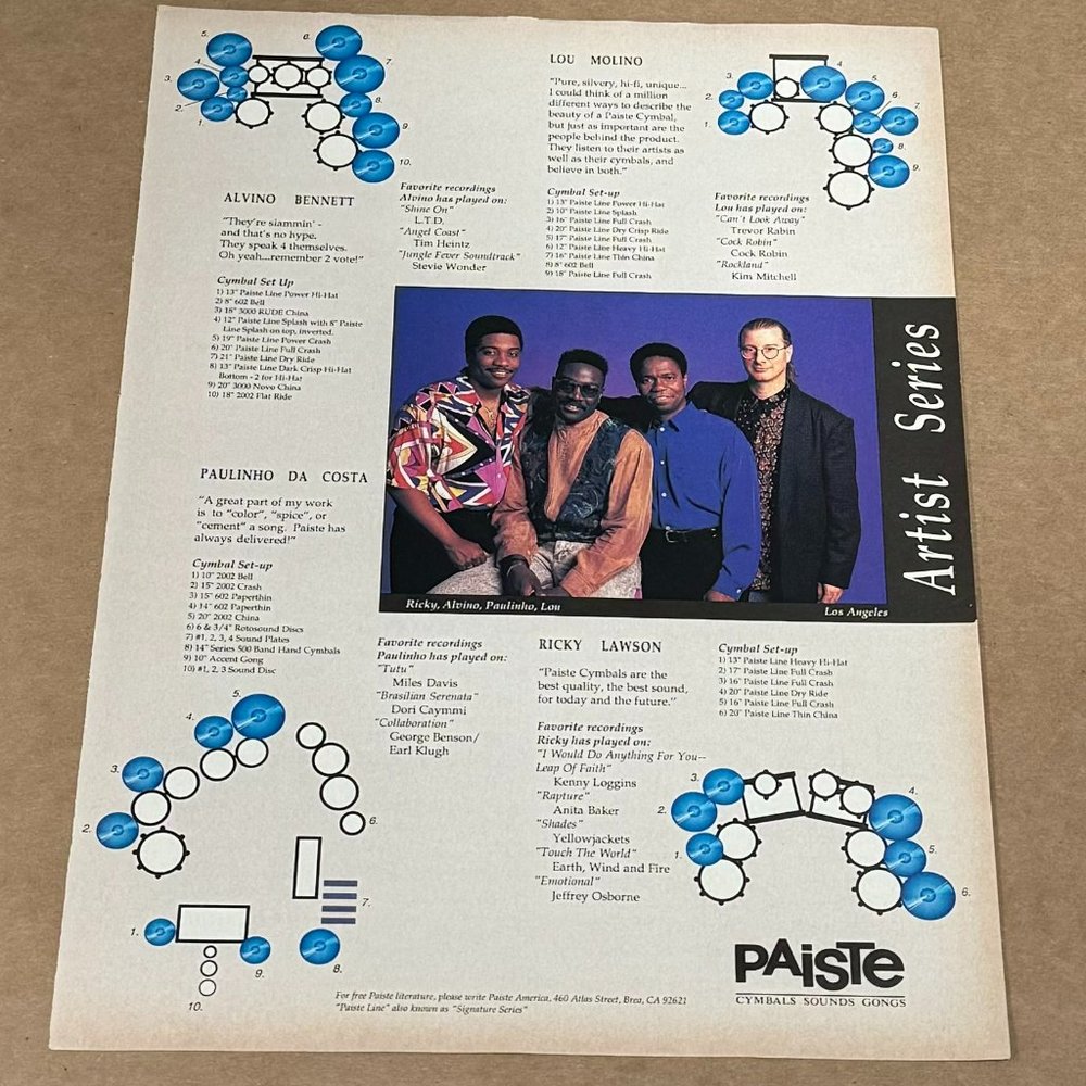 Bennett / Lou Molino / Da Costa / Ricky Lawson - Paiste Cymbals - 1992 Print Ad